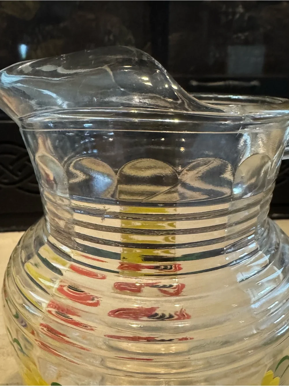 Vintage Clear Glass Pitcher with Bright Roosters - Great Design !